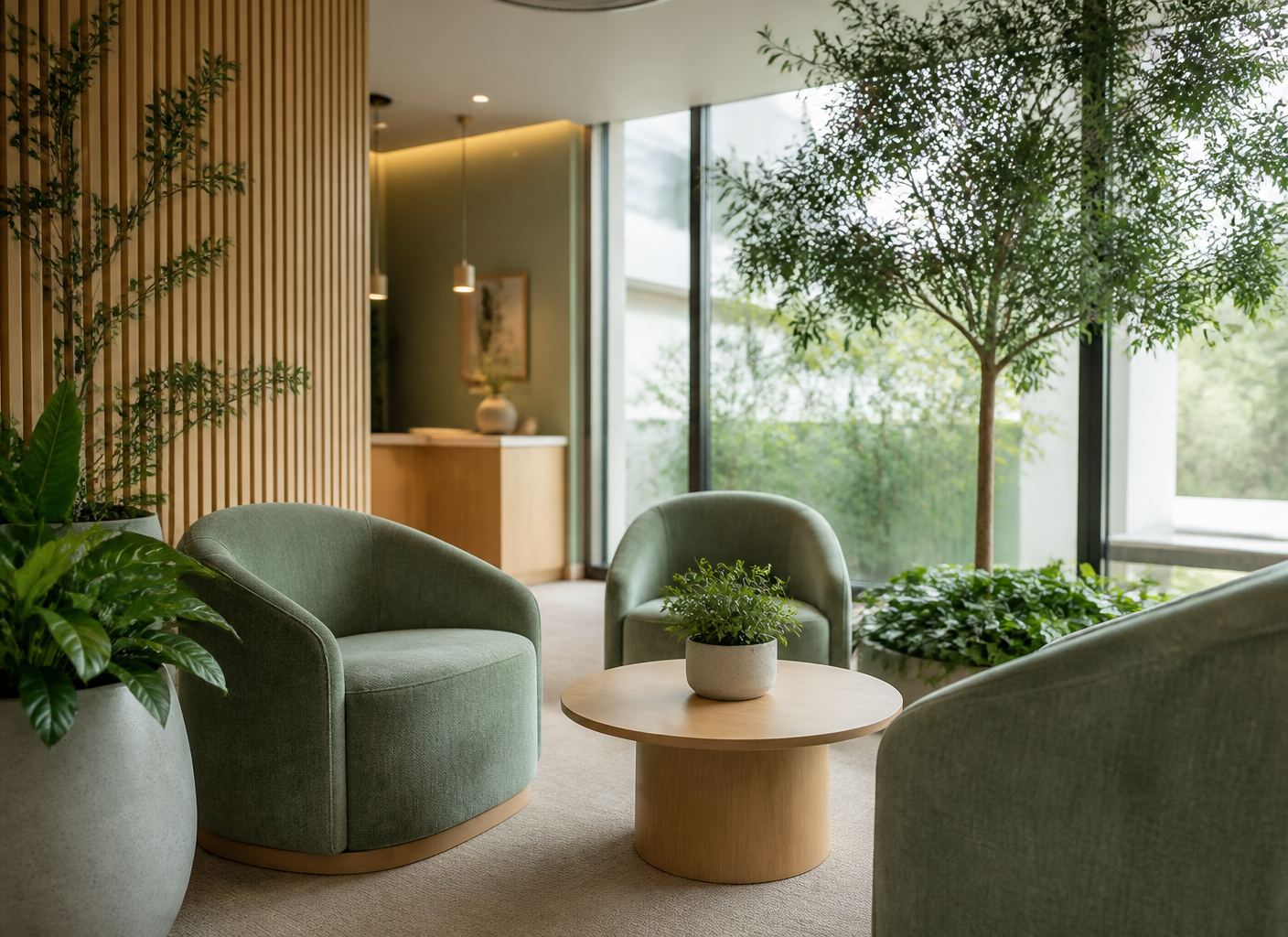 Espace d'accueil de la clinique, fauteuils et lumière naturelle.